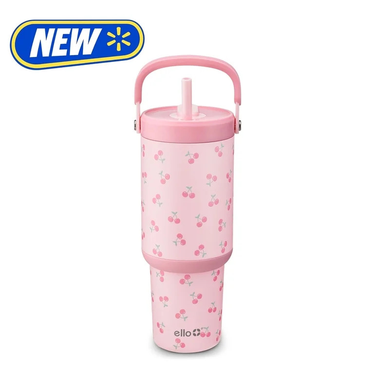 Ello Oasis Go 30oz Stainless Steel Tumbler with Top Handle and Retracting Straw, Pink Cherries | Walmart (US)