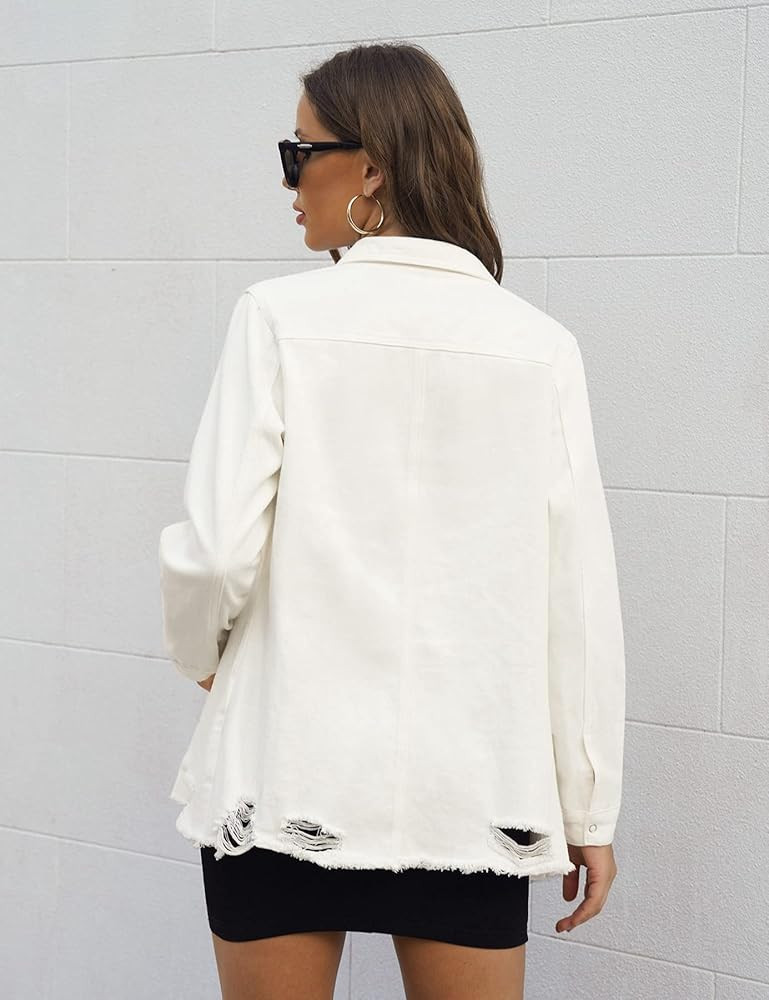 Vetinee Denim Jacket for Women Button Down Shirt Jackets Distressed Jean Shacket Western Outfit | Amazon (US)