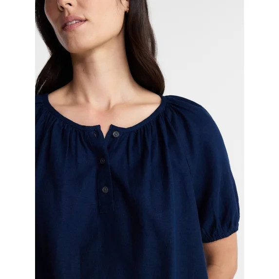 Time and Tru Women's Linen Blend Blouse with Scalloped Hem, Sizes XS-XXXL | Walmart (US)
