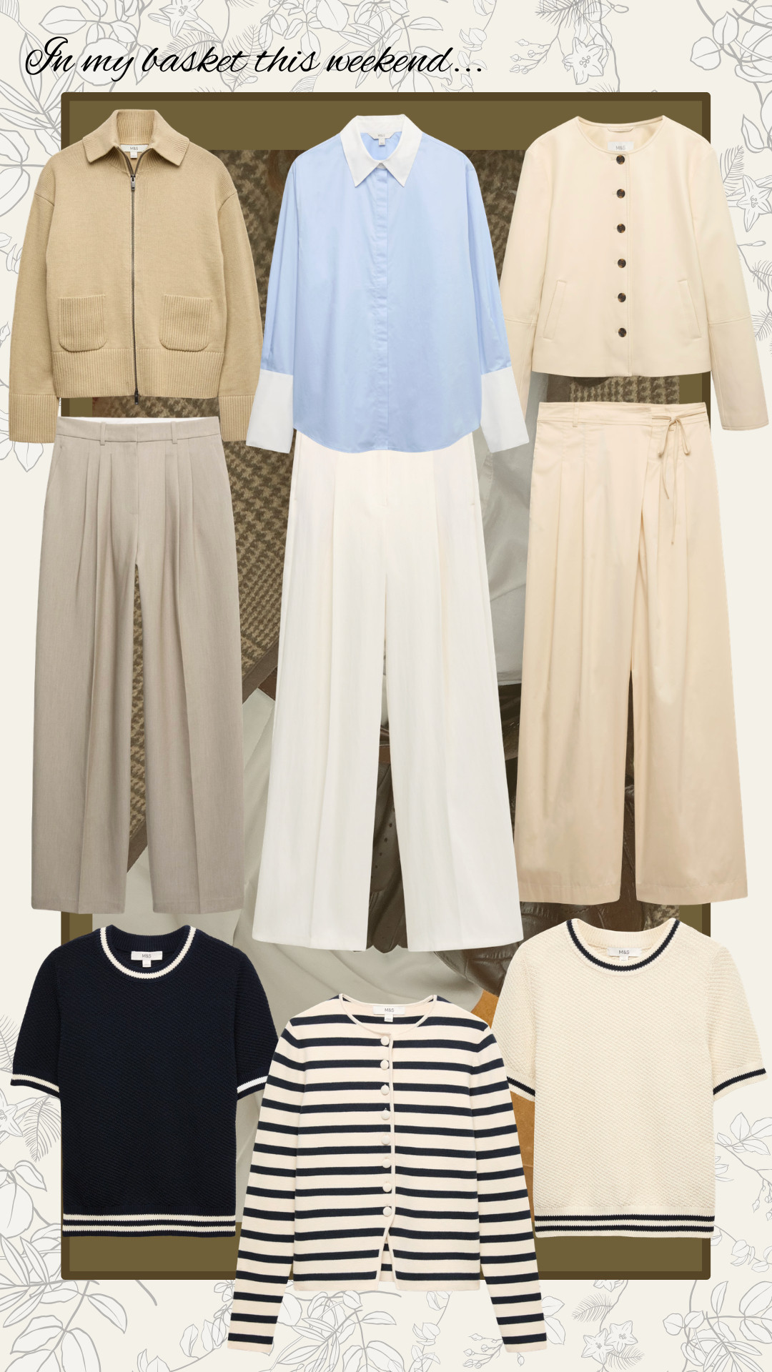 Marks & Spencer, whats in my basket for spring. Petite, spring outfits, stripe top, pleated trousers, blue shirt, white shirt, cropped t shirt, navy t shirt, cardigan, mid size, wide leg, wide leg trousers, knitted t shirt.  

 #LTKuk #LTKspring #LTKmodest