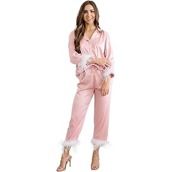 Belle's Design Women's Feather Trim Silk Satin Pajama Button Down Long Sleeve and Pants Set Sleep... | Amazon (US)