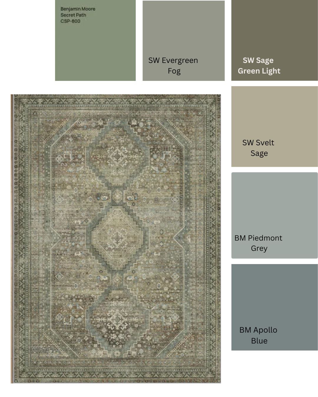 How did I choose these colours? 
I used this rug as a 'jumping off' point. Want more information? Request to access the paint guide. So you too can be a pro and see undertones like I do...
How would you use these colours? Here's a suggestion: Warm Sherwin Williams Svelt Sage over all, main areas. Sherwin Williams Sage Green Light as an accent, fireplace or accent wall. Benjamin Moore Piedmont Grey on a painted piece of furniture. Benjamin Moore Apollo Blue on a visible hallway wall. Whole house palette.

Kitchen paint colour ideas, Green kitchen, brown paint colours, modern paint colour, undertones, how to see undertones, moving out of grey, warm paint colours, colour palette, matching colours, kitchen paint colors, how to match colors, warm paint colors, Secret Path, Evergreen Fog. 

 #LTKhome #LTKstyletip #LTKfamily