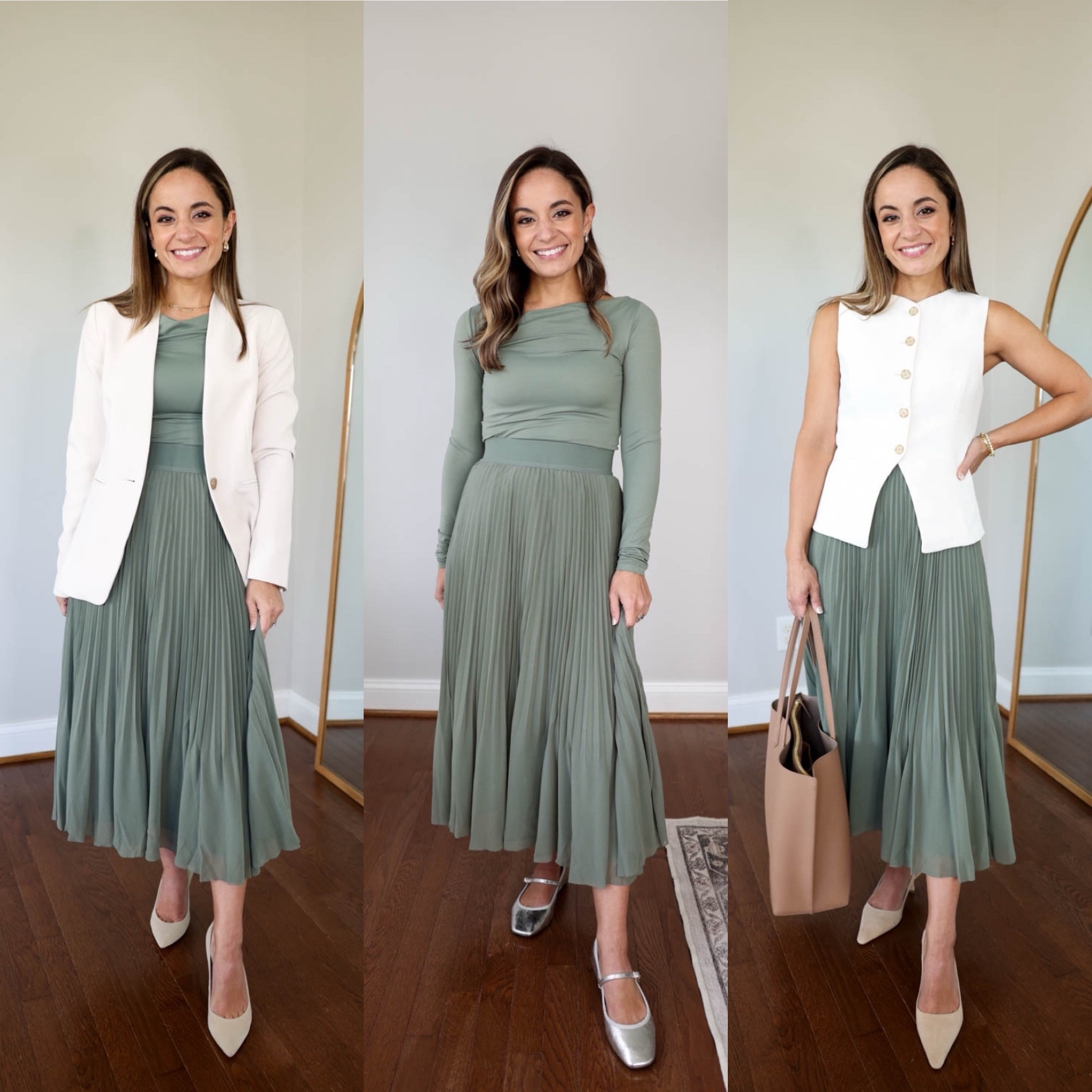 Neutral outfits for work! 

Cream blazer (Ann Taylor): petite 00 
Sage top (Aritzia): xs - size up 
Sage skirt (Aritzia): xs - size up 
White Vest (Aritzia): 0 - size up 
Shoes are tts 
Bag in cappuccino 

*all items are shown unaltered so you can see how they fit from the store. Here are my measurements for sizing reference 4’10” 105lbs bust, waist, hips 32”, 24”, 35” size 5 shoe. 25” inseam measurement to my ankle bone. 

#LTKWorkwear #LTKStyleTip