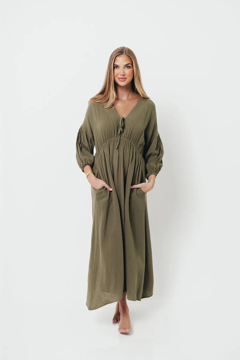 Hunter 100% Cotton Gauze Midi Dress in Green - Bump Friendly | Worth Collective
