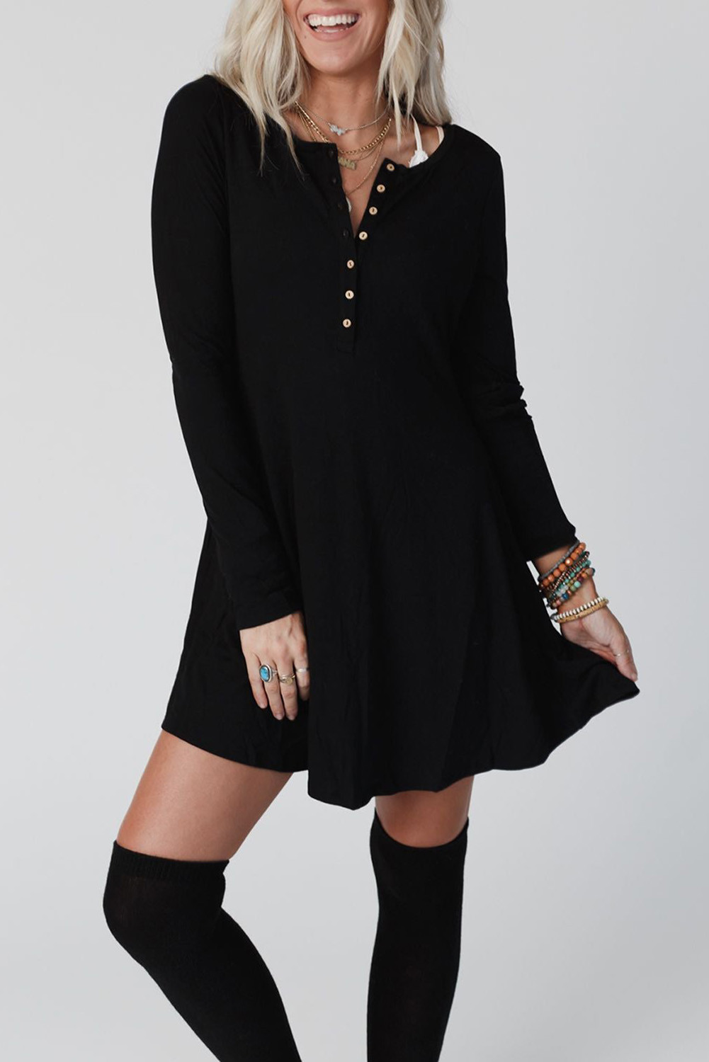Black Solid Color Long Sleeve Henley Mini Dress | Shewin