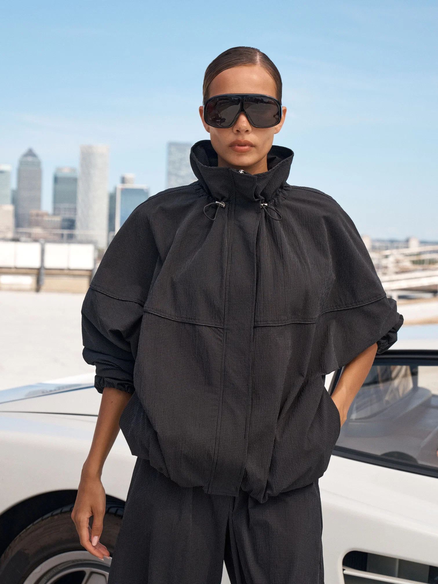 MICRO CHECK FUNNEL NECK TRACK JACKET - BLACK | The Couture Club