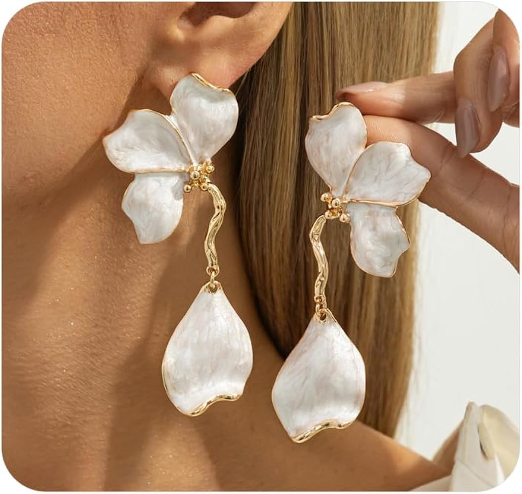 Boho Chunky Flower Dangle Earrings for Women,Fashion White Irregular Petal Statement Earring,Birt... | Amazon (US)
