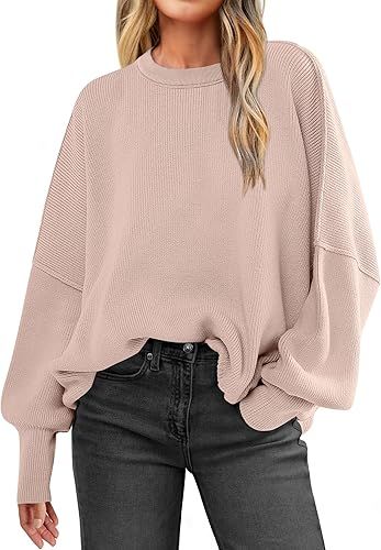 ANRABESS Women Crewneck Batwing Long Sleeve 2024 Fall Oversized Side Slit Ribbed Knit Pullover Sw... | Amazon (US)