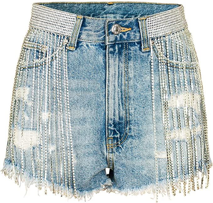 COMLIFE Summer Women's Jean Shorts Tassels Wide Leg Rhinestone Fringe Sexy Denim Short Jeans | Amazon (US)