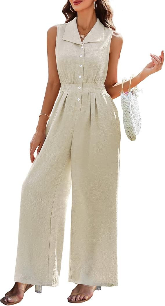 Women Dressy Summer Casual Jumpsuit Sleeveless V Neck Wide Leg Pants Rompers Fashion Elegant One ... | Amazon (US)