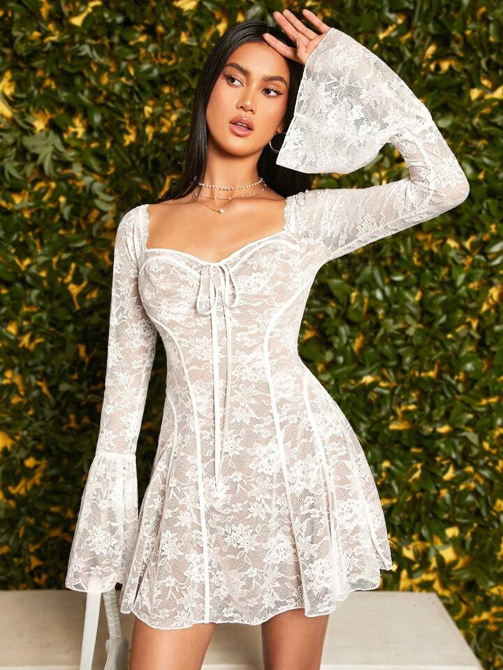 SHEIN WYWH Vintage Lace Sweetheart Neckline Flared Sleeve Dress | SHEIN