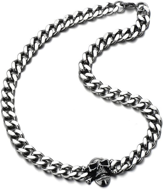 COOLSTEELANDBEYOND Mens Stainless Steel Curb Chain Skull Necklace Silver Color Gothic Style 30.3M... | Amazon (US)