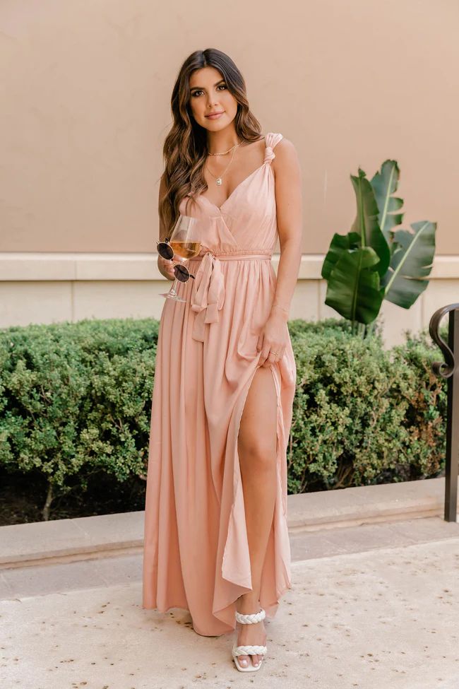Show Up Late Peach Knot Satin Maxi Dress | The Pink Lily Boutique