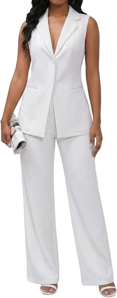 MorwenVeo Women's 2 Piece Sets Blazer Vest Pant Suits Sleeveless Outfits | Amazon (US)