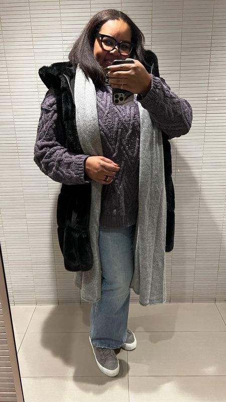 OOTD Midsize Casual winter outfit. It's freezing in NYC right now so I'm bundled to the max. Wearing Universal Standard jeans, Free People oversized sweater, and my winter staple faux fur jacket by BCBGMAXAZRIA. It's on sale! Wrap by Naked Cashmere. #ltkstyletip #ltkover40 #ltkbump 

#LTKSeasonal #LTKmidsize #LTKsalealert