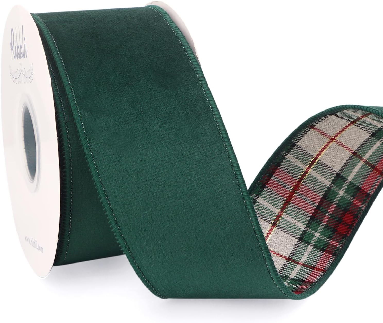 Ribbli Forest Green Velvet Wired Ribbon with Plaid Reversible 2.5 Inch Christmas Ribbon for Gift ... | Amazon (US)