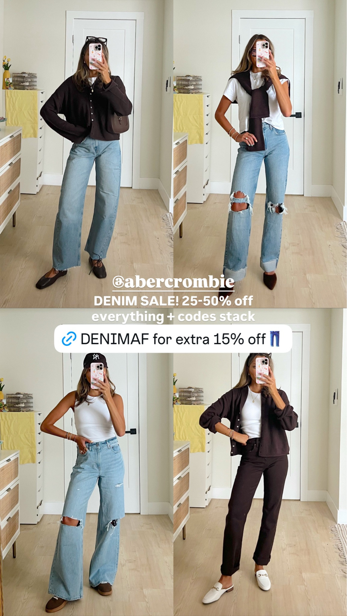 #AbercrombiePartner the best time of the year to stock up on my favorite @abercrombie jeans for fall👖💕 25-50% off denim + 20% off almost everything else + codes stack use DENIMAF for an extra 15% off. wearing a 24 regular in all of these styles 

•Denim Promo: *Offer valid online only August 5, 2026 to August 10, 2026 in US/CA. Excludes clearance. Online price reflects discount.
•Extra 20% Off: *Offer valid in stores and online August 5, 2026 to August 10, 2026 in US/CA. Exclusions apply as indicated. Online price reflects discount.
•Promo Code: *Use code DENIMAF to get an additional 15% off almost everything in stores and online at checkout from August 5, 2026 to August 10, 2026 in US/CA. Exclusions apply. See details on