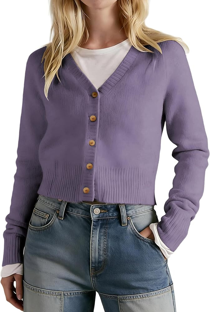 Women's V Neck Slim Fit Cardigans Button Down Long Sleeve Short Sweater Casual Comfort for Office... | Amazon (US)