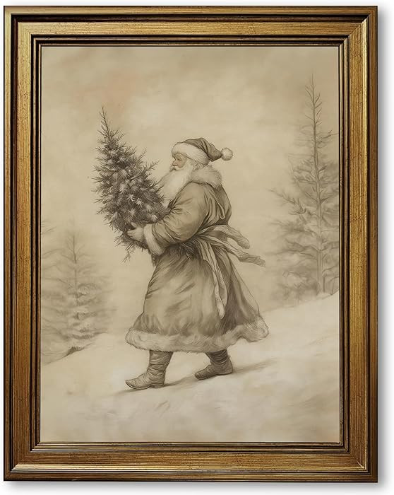 Yermidi Vintage Christmas Wall Art Neutral Sketch Santa Claus Holding Tree Poster Farmhouse Chris... | Amazon (US)