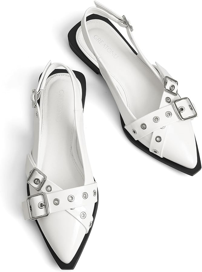 Greatonu Women's Slingback Flats for Women Ballerina Shoes Studs Buckle Flat Shoes Cross Strap Cl... | Amazon (US)