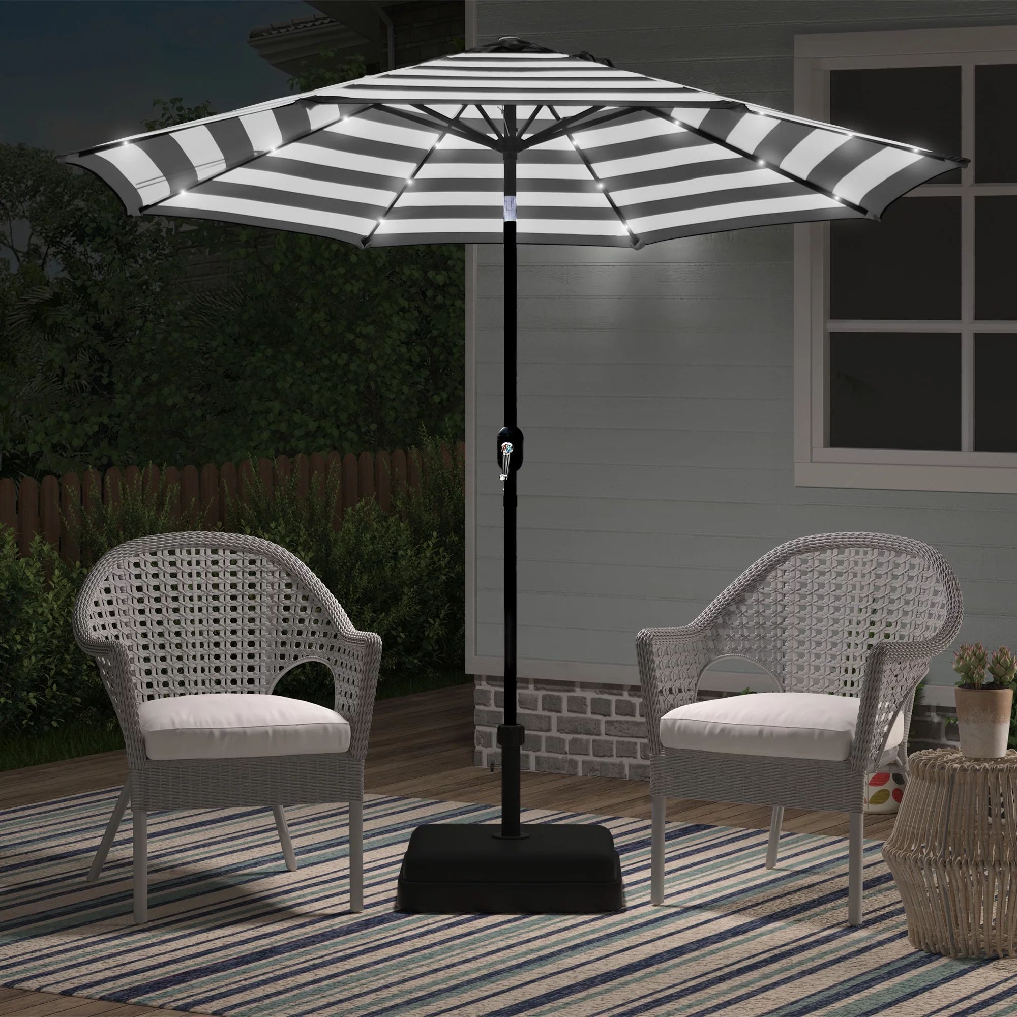 Abble 9' Black and White Striped Octagon Lighted Patio Umbrella with LED Lights - Walmart.com | Walmart (US)