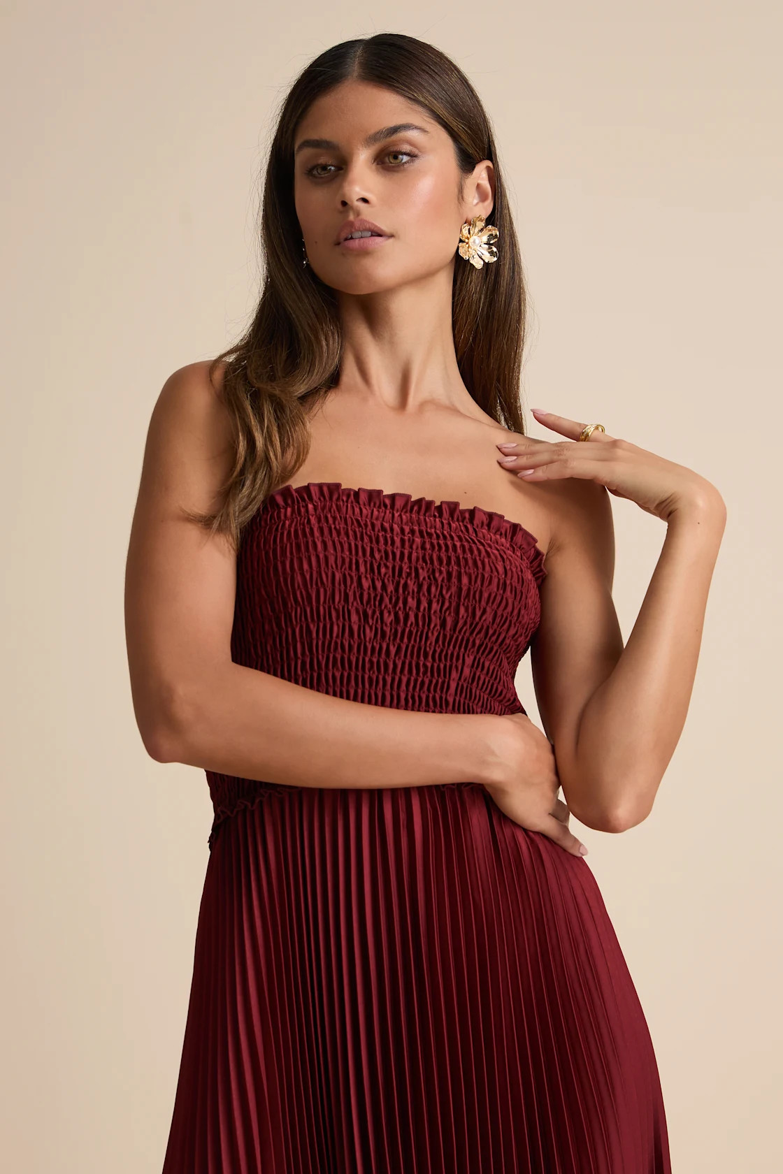 Damira Rust Satin Pleated Strapless Maxi Dress | Lulus