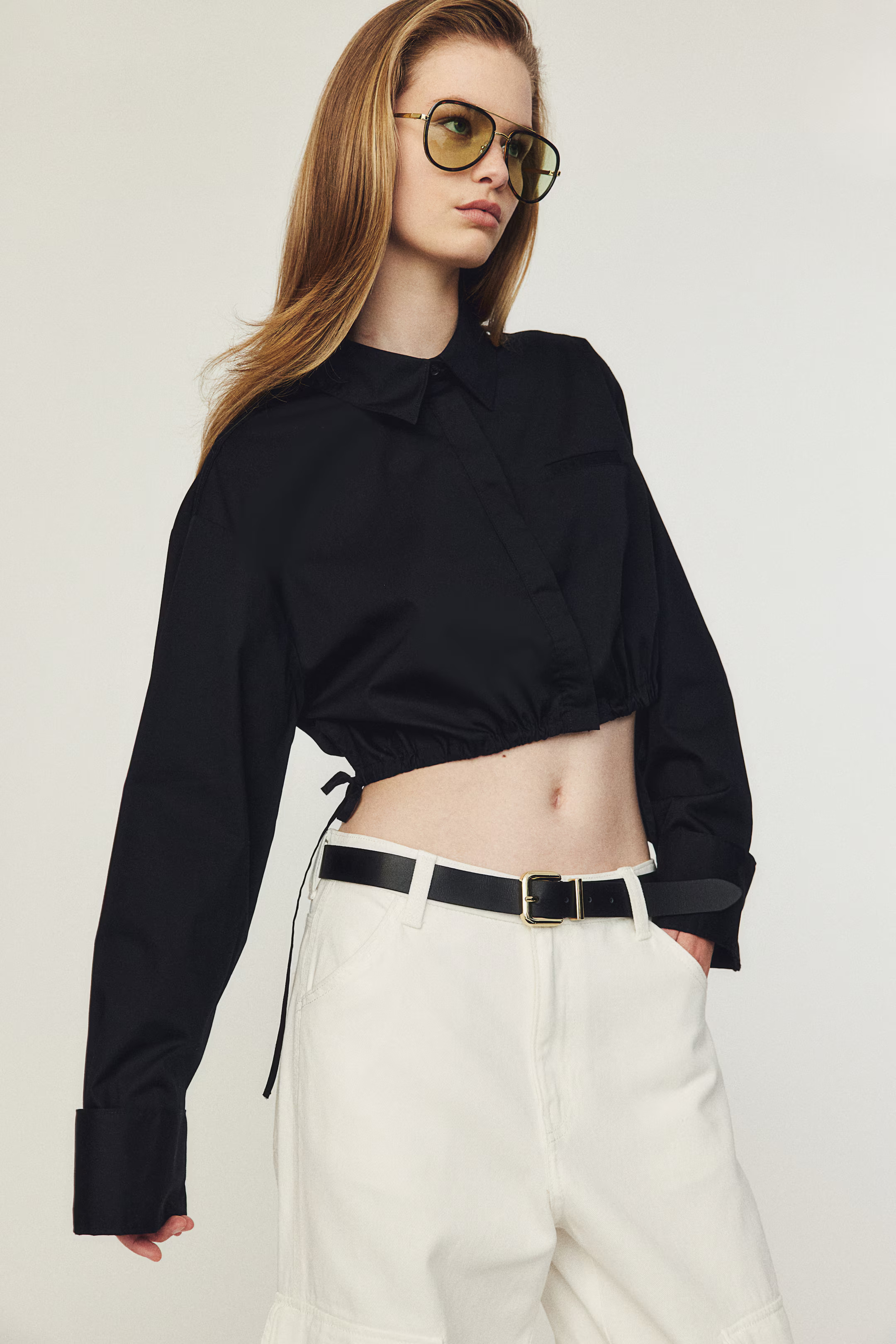 Cropped Drawstring-detail Shirt - Long sleeve - Crop - Black - Ladies | H&M US | H&M (US + CA)
