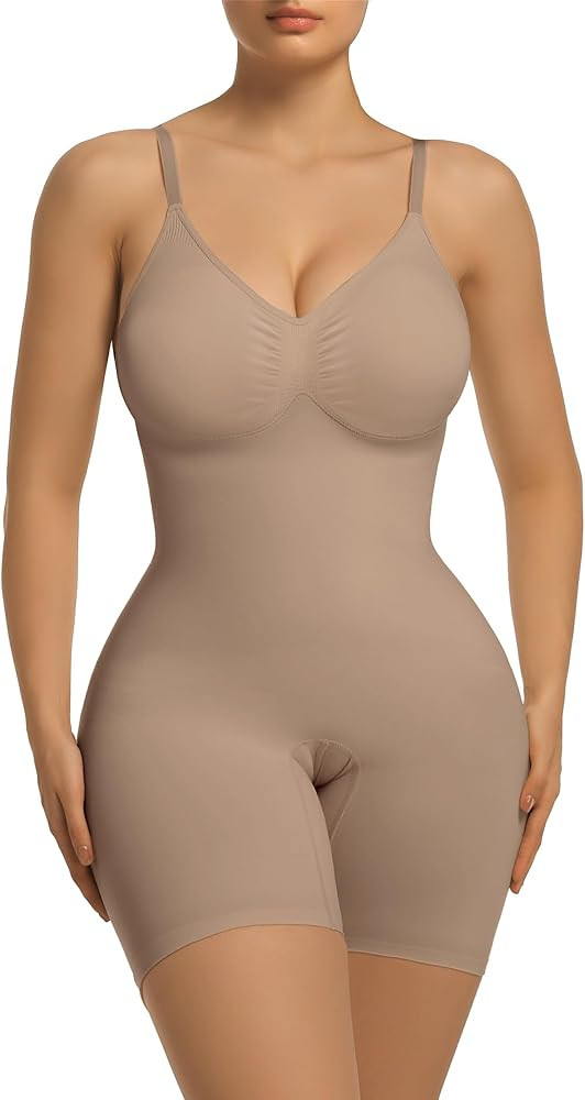 SHAPERX Women's Bra Free Bodysuits Tummy Control Shapewear Mid Thigh Body Shaper with Removable P... | Amazon (US)