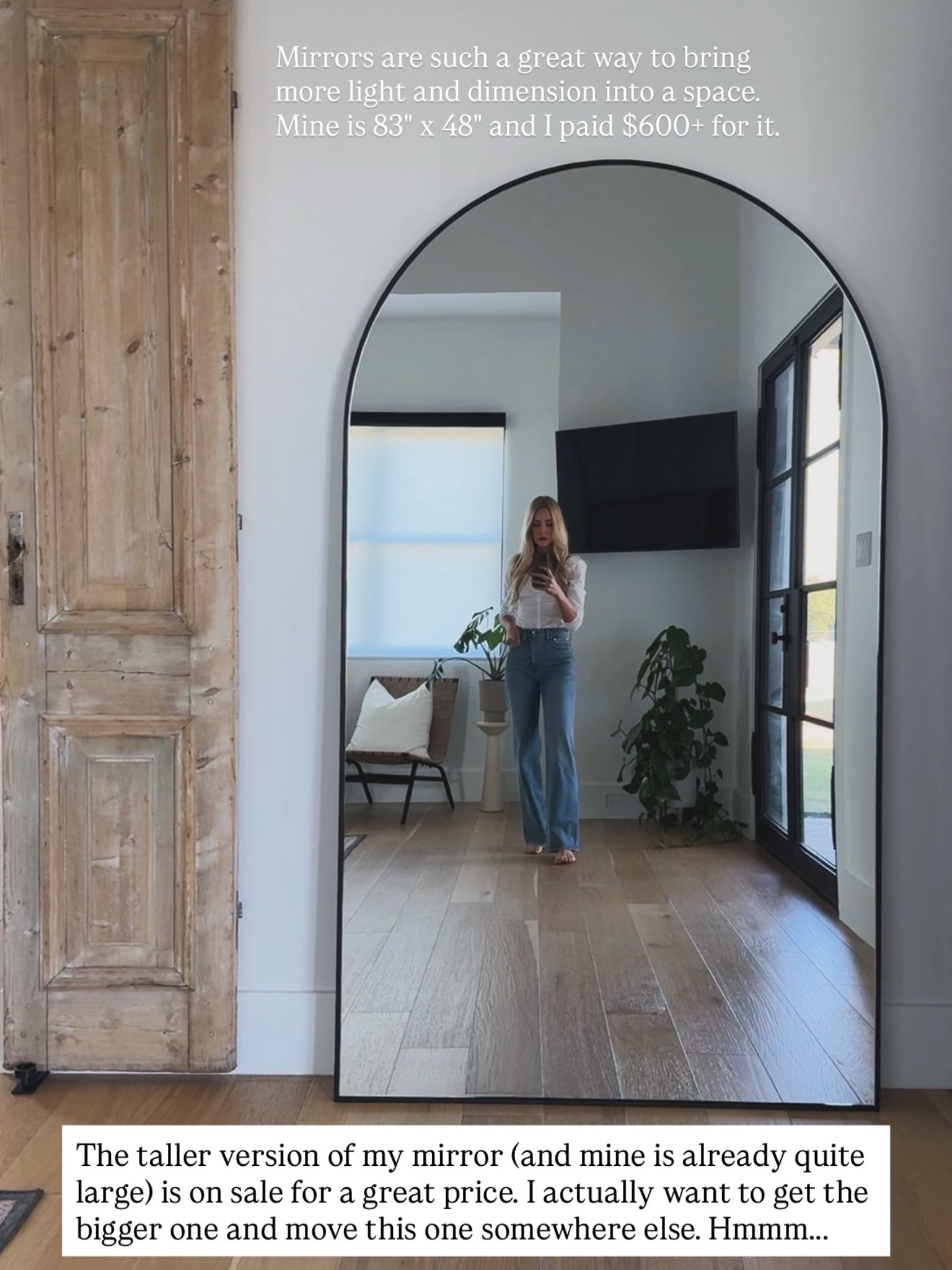 Mirrors are such a great way to bring more light and dimension into a space. Mine is 83" x 48" and I paid $600+ for it. This one is $320 and taller. The taller version of my mirror (and mine is already quite large) is on sale for a great price. I actually want to get the bigger one and move this one somewhere else. Hmmm…..

#LTKmomlife #LTKSaleAlert #LTKHome