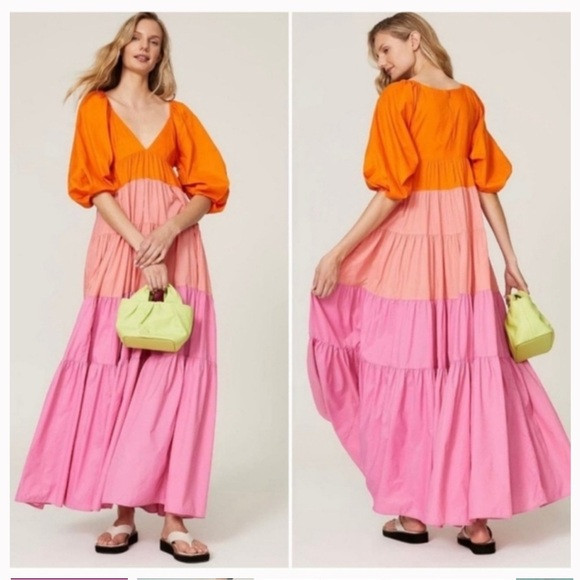Staud Orange Pink Striped Meadow V-Neck Maxi Dress Women's Size X-Small XS | Poshmark