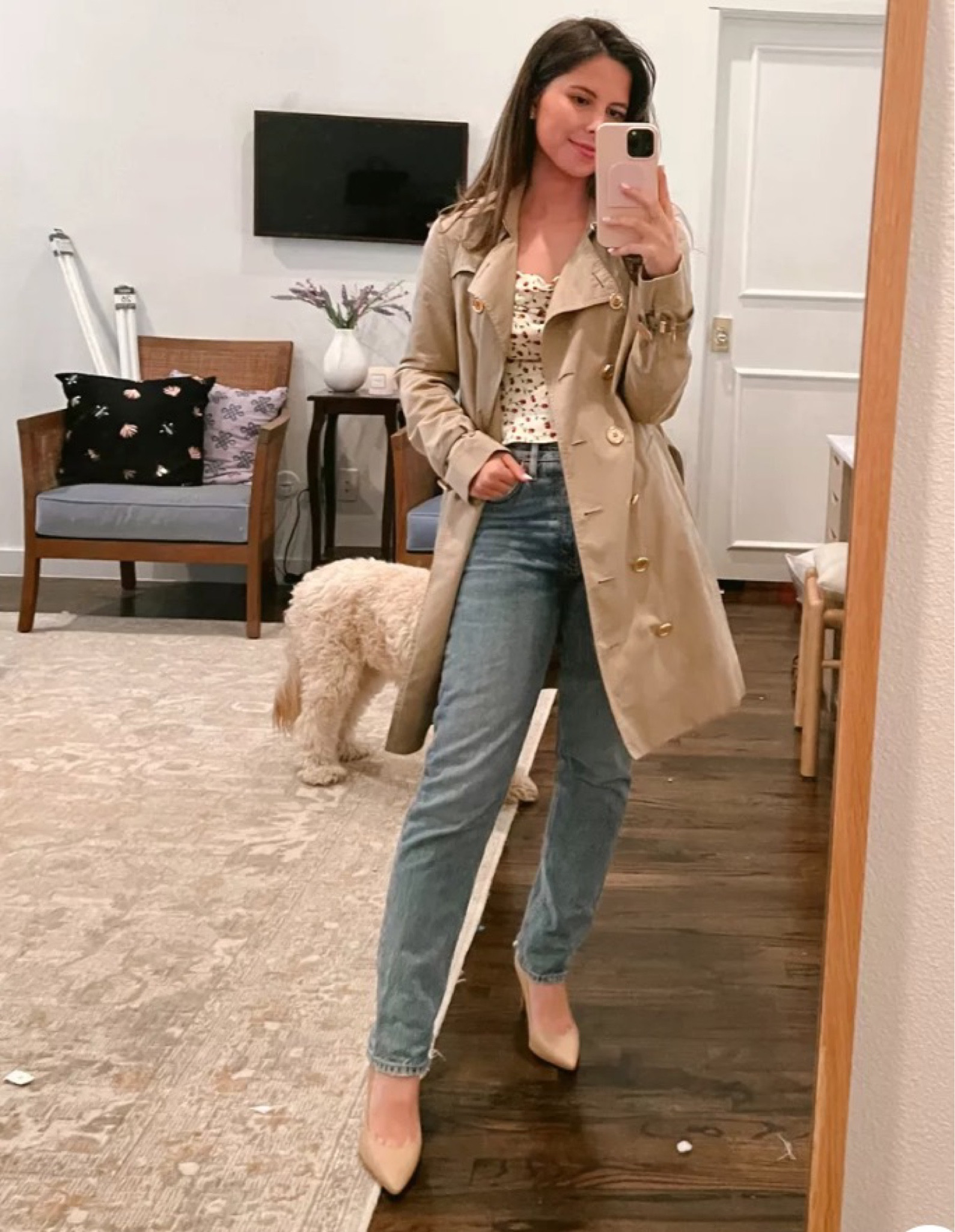 Burberry trench, agolde jeans, reformation top; Sarah flint heels, nude heels, petite style, London outfit 

#LTKstyletip #LTKshoecrush