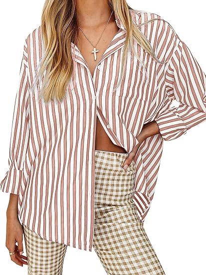 Women's Blouses Striped Long Sleeve Shirts Button Down Loose Fit Casual Tops | Amazon (US)