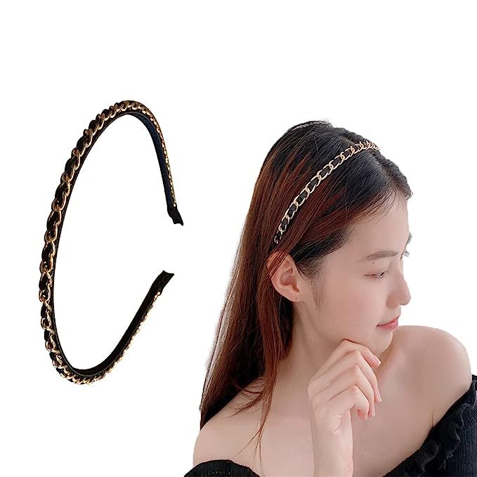 Black Leather Chain Headband Hairband Metal Braided Headbands Thin Hair Bands for Women's Hair Ac... | Amazon (US)