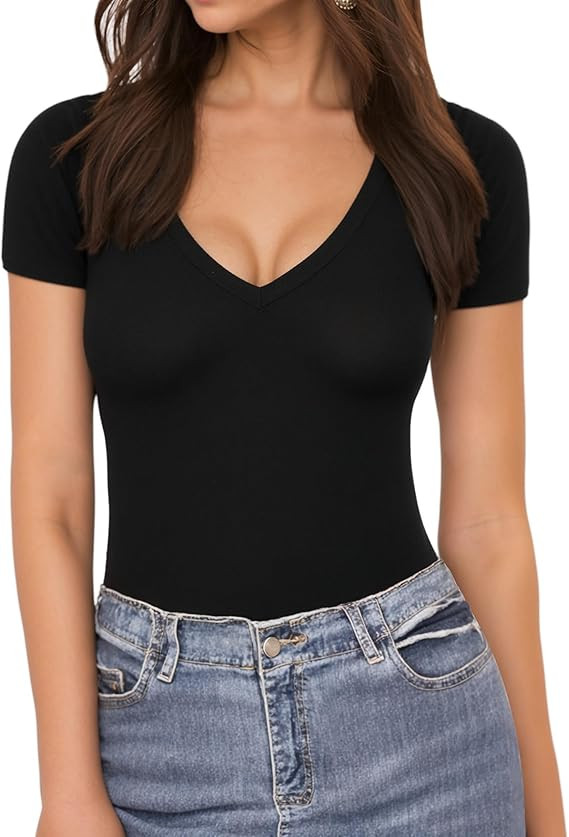 MANGOPOP Deep V Neck Short Sleeve Long Sleeve Tops Bodysuit for Women Clothing | Amazon (US)