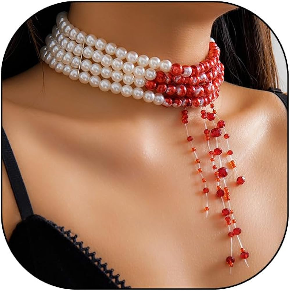 Dripping Blood Pearl Choker Necklace for Women Multiply Layer Halloween Pearl Necklaces Gothic Va... | Amazon (US)