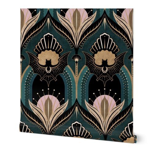 Elegant Art Deco bats and flowers - Teal, gold, black and pink - jumbo | Spoonflower