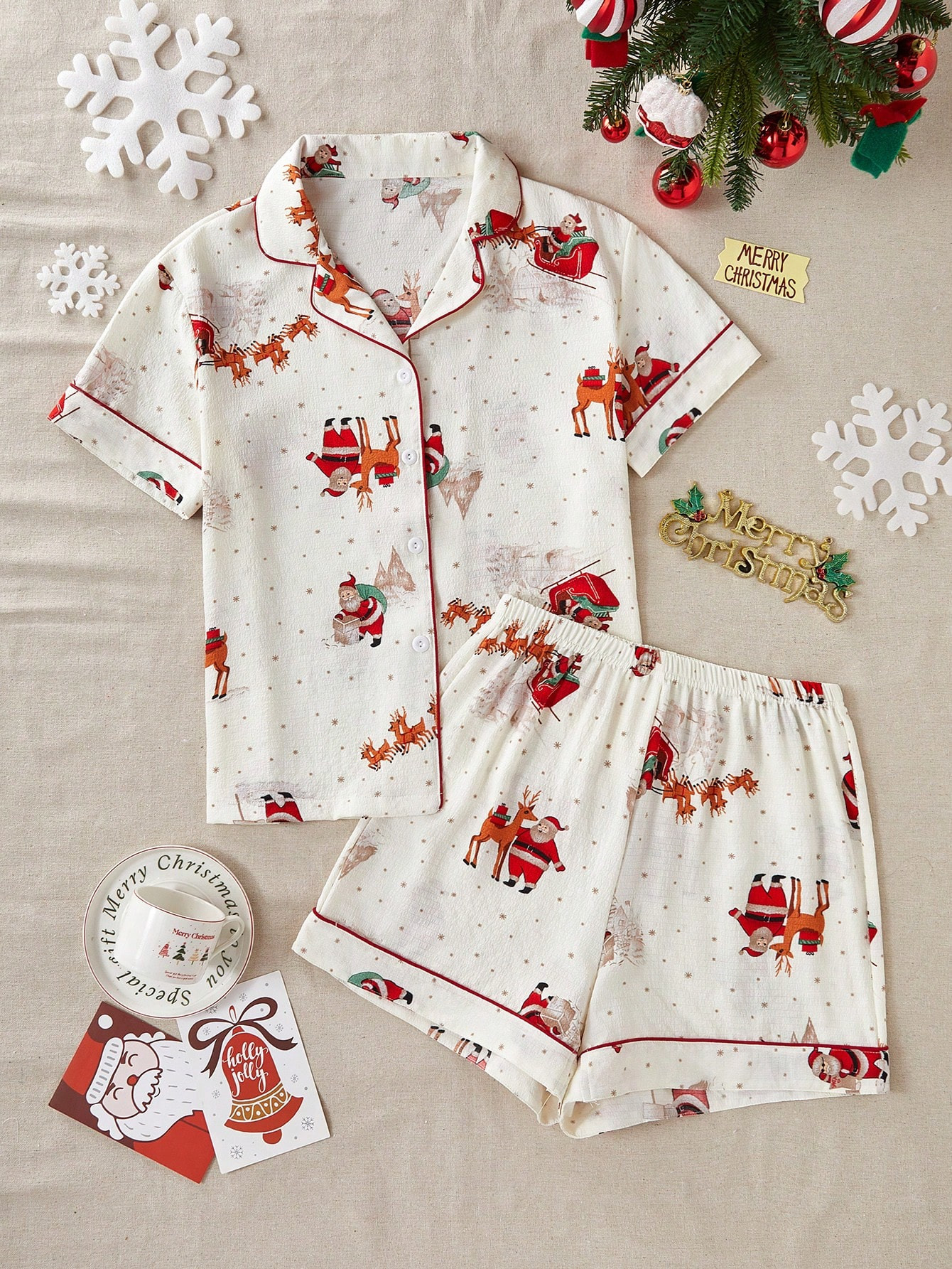 Christmas Pattern Print Lapel Cardigan Short Sleeve & Shorts Pajama Set | SHEIN
