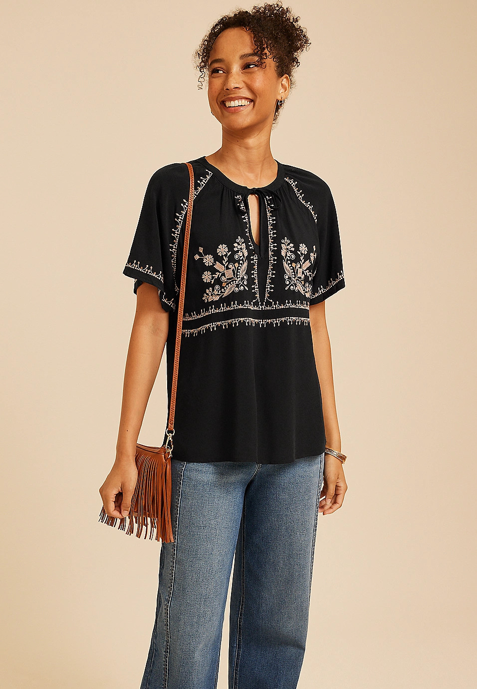 Embroidered Tie Front Peasant Top | Maurices