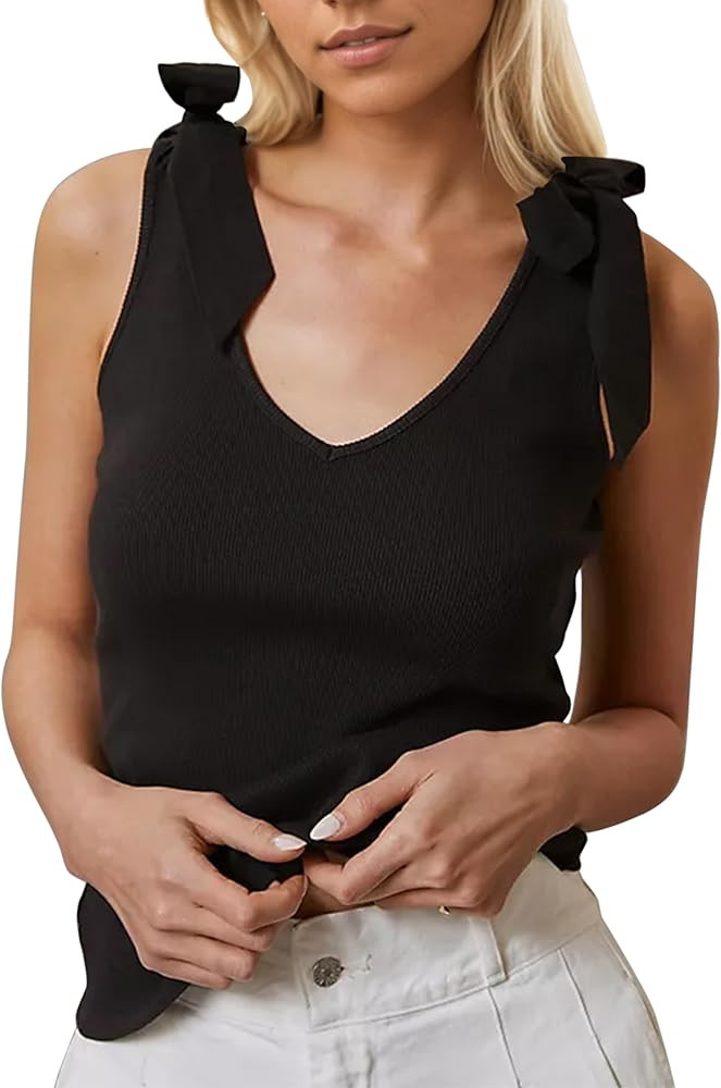 Women's Bow Tie Shoulder Strap Knit Tank Tops V Neck Slim Fit Casual Tie Strap Sleeveless Knit To... | Amazon (US)