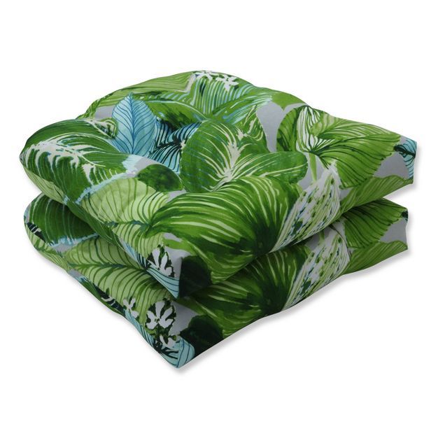 2pk Lush Leaf Jungle Wicker Outdoor Seat Cushions Green - Pillow Perfect | Target