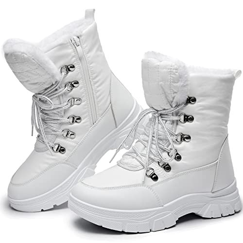 Rominz Womens Winter Snow Boots with Zipper Warm Fur Lined Mid Calf Ankle Booties for Women Comfortable Outdoor Anti Slip Boots(White, US11) | Amazon (US)