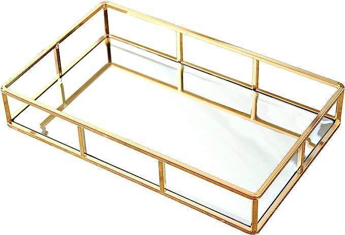 PuTwo Mirrored Tray, Perfume Tray Candle Tray Table Gold Ornate Vanity Tray Drinks Tray Metal Mir... | Amazon (UK)