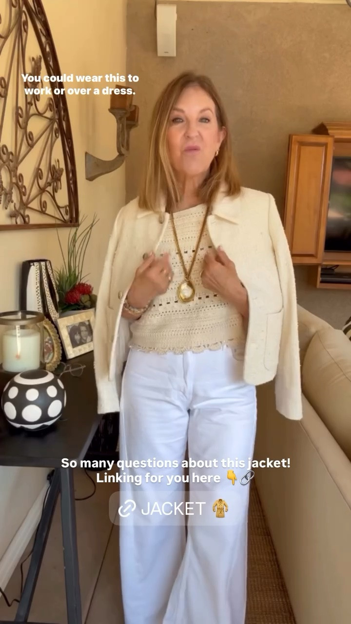OOTD! I'm 5’2”.
Nordstrom jacket fits tts. I'm wearing Xs.
Sezane top fits tts. I'm wearing Xs.
Mother lemon twist - stretchy. If you are between sizes and want a trimmer fit, size down. I'm between a 25 and a 26, and I’m wearing a size 26. 
Vince shoes fit tts and are comfortable. 

The necklace is vintage Chanel.

#LTKOver40 #LTKSeasonal #LTKPetite