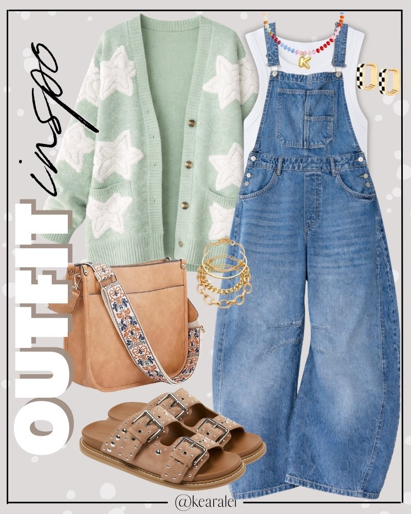Spring outfit fun bright outfits oversized light green pistachio star cardigan Womens Cardigan Sweater Sherpa Star Pattern Textured Sweater Cardigan with Pockets Casual Knit Coat we the free good luck barrel overalls layered over white ribbed tank top with light brown tan suede leather studded strap buckle sandals Birkenstock look alike look for less Birkenstocks tan cognac faux leather crossbody tote bag purse with embroidered strap checkered Huggies hoops earrings gold filled gold plated bracelets rainbow colorful beaded necklace initials necklace || #amazon #outfit #summer #spring #comfy #freepeople #barrel #overalls #affordable 
.
.
.

Fitness Wear, Activewear, exercise outfit, workout leggings, sports bra, Lulu lemon, free people motion active athleisure Amazon fashion, teacher outfits, business casual, casual outfits, neutrals, street style, Midi skirt, Maxi Dress, Swimsuit, Bikini, Travel, skinny Jeans, Puffer Jackets, Concert Outfits, Cocktail Dresses, Sweater dress, Sweaters, cardigans Fleece Pullovers, hoodies, button-downs, Oversized Sweatshirts, Jeans, High Waisted Leggings, dresses, joggers, fall Fashion, winter fashion, leather jacket, Sherpa jackets, Deals, shacket, Plaid Shirt Jackets, apple watch bands, lounge set, Date Night Outfits, Vacation outfits, Mom jeans, shorts, sunglasses, Disney outfits, Romper, jumpsuit, Airport outfits, biker shorts, Weekender bag, plus size fashion, Stanley cup tumbler Target, Abercrombie and fitch, Amazon, Shein, Nordstrom, H&M, forever 21, forever21, Walmart, asos, Nordstrom rack, Nike, adidas, Vans, Quay, Tarte, Sephora, lululemon, free people, j crew jcrew factory, old navy

#LTKootd #LTKSeasonal #LTKSaleAlert