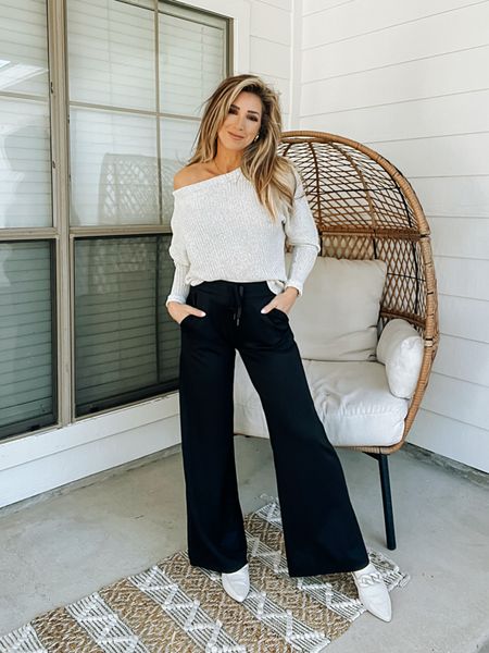 Elevated Casual weekend outfit, slouchy off white long sleeve off the shoulder sweater, black knit wide leg pants, drawstring pants

#LTKstyletip #LTKfindsunder50 #LTKover40
