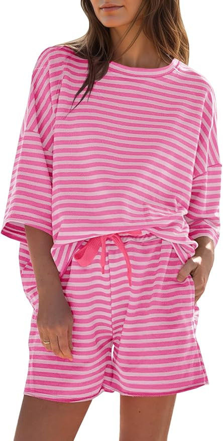 Fisoew Womens Striped 2 Piece Outfits Sweatsuits 3/4 Sleeve Oversized Tops High Waisted Shorts Ca... | Amazon (US)