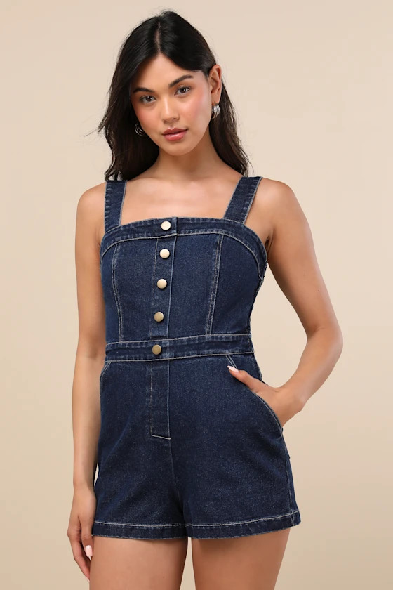 Thema Dark Wash Denim Button-Front Romper | Lulus