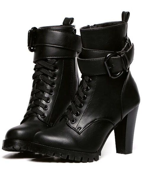 Black High Heel Buckle Strap PU Boots | SHEIN