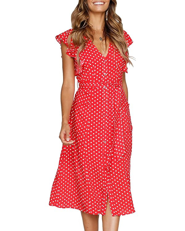 MITILLY Women's Boho Polka Dot Flutter Short Sleeve V Neck Button Down Swing Midi Dress with Pock... | Amazon (US)