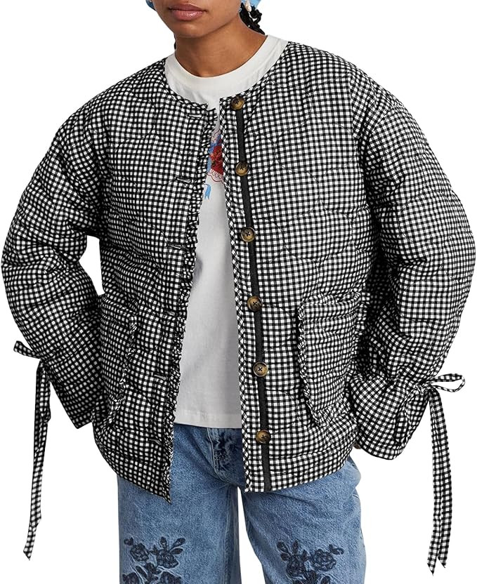 Tankaneo Womens Cropped Quilted Puffer Jackets Lightweight Plaid Button Down Bow Padded Down Coat | Amazon (US)